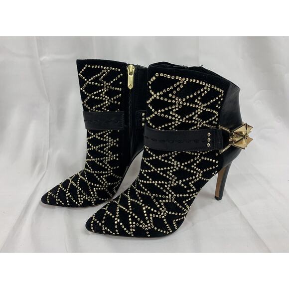 Sam Edelman Mila Bootie Black Gold Studded Ankle Boot High Stiletto Heel 6 - Picture 2 of 7